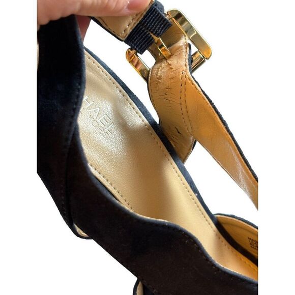 Michael Kors 6M Women's Black Suede Peep-Toe Slingback Heels With Gold Buckle - Picture 9 of 13